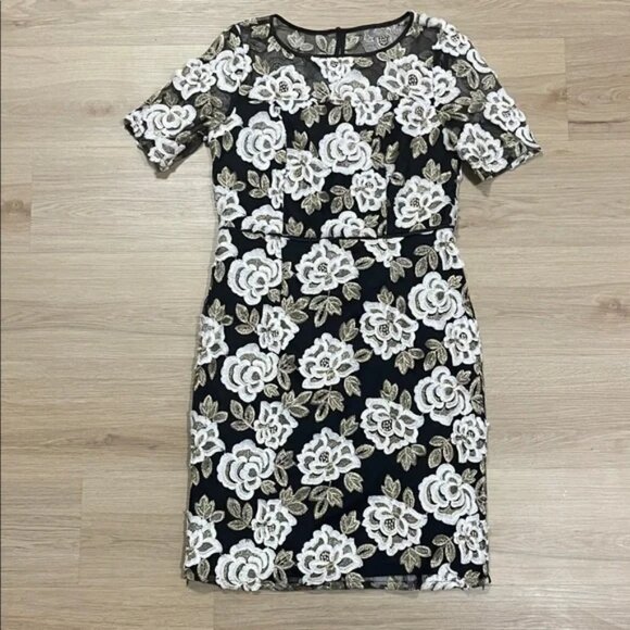 Adrianna Papell Black and White Floral Midi Dress with Gold Details - Picture 1 of 10